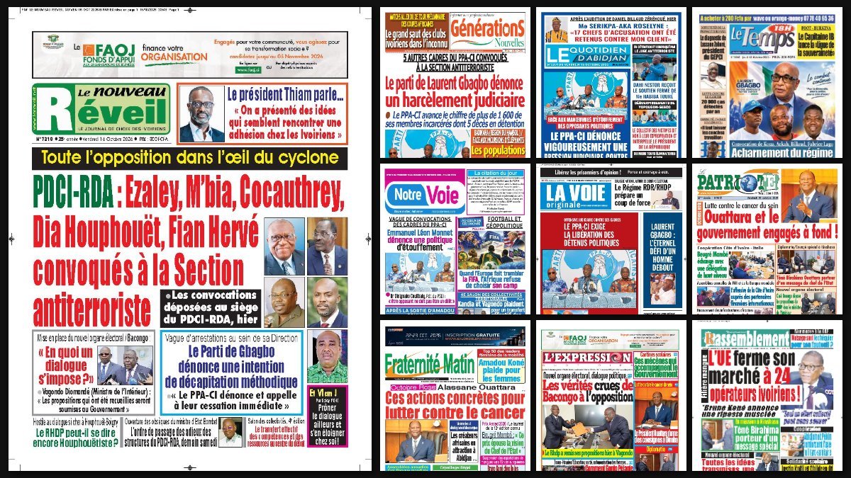 Titrologie du 16 octobre 2026 : montage des unes du Nouveau Réveil, de Générations Nouvelles, du Quotidien d'Abidjan, du Patriote et de Fraternité Matin
